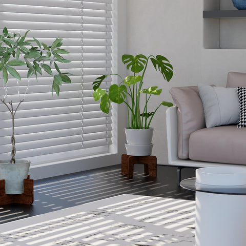 SupBambGO sustainable wood plant holder adds natural charm to a room.