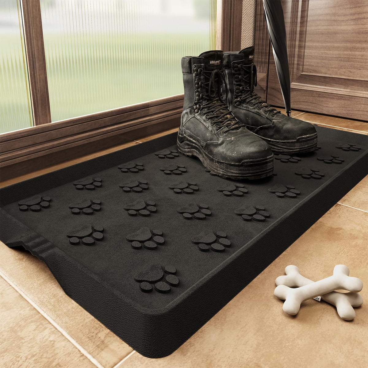 SUPENUIN paw pattern boot tray angle view showcasing sturdy waterproof protection for entryway footwear.