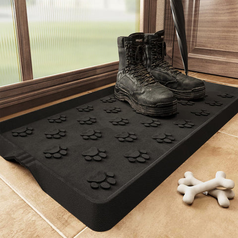 SUPENUIN paw pattern boot tray angle view showcasing sturdy waterproof protection for entryway footwear.