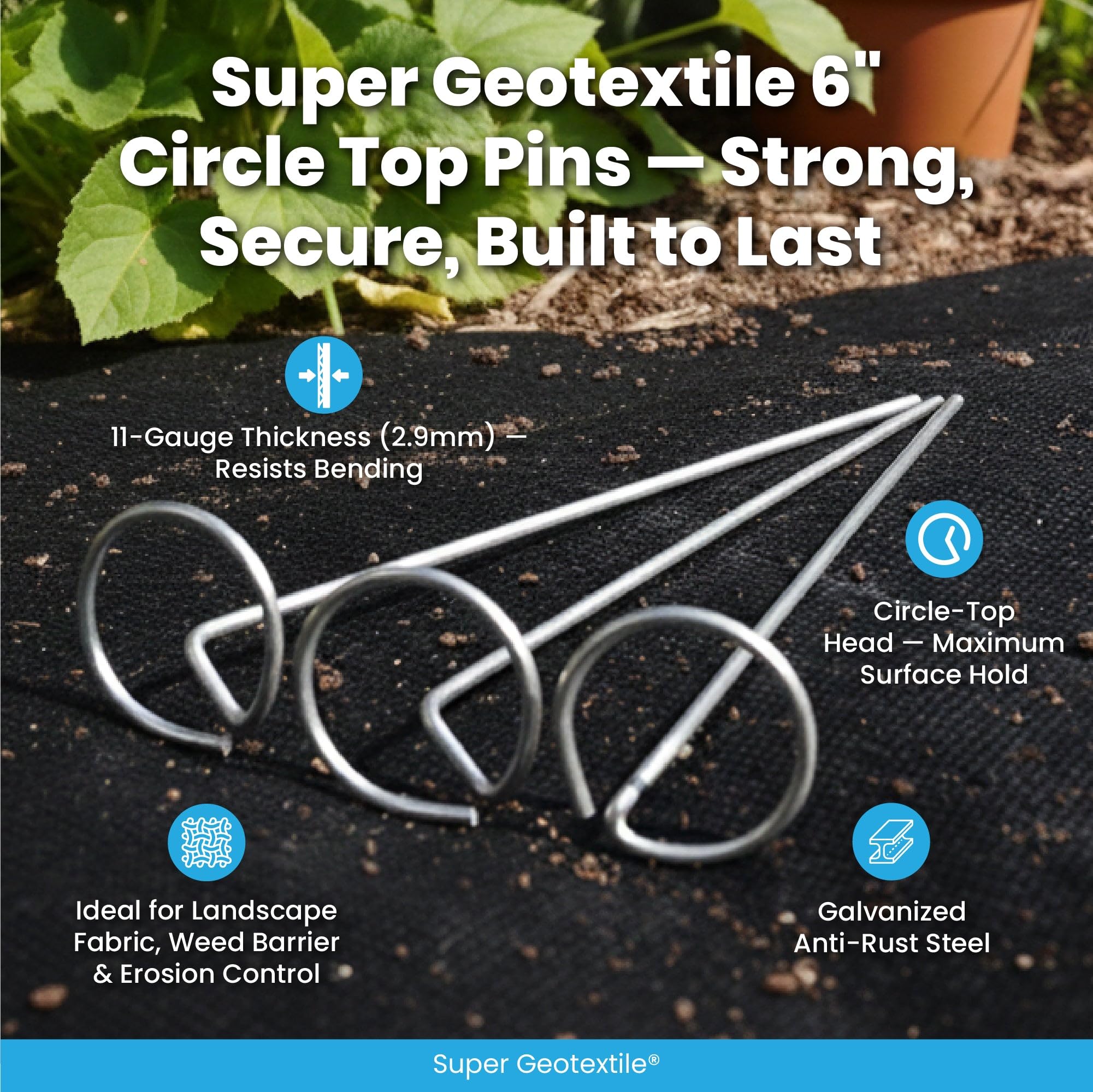 Super Geotextile heavy-duty 6-inch stakes provide strong hold in tough soil