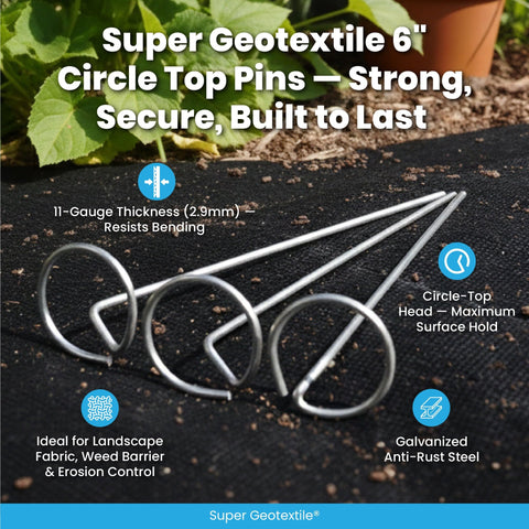 Super Geotextile heavy-duty 6-inch stakes provide strong hold in tough soil