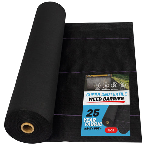 Super Geotextile Professional 5oz weed barrier fabric for 3x100 beds — durable and permeable.