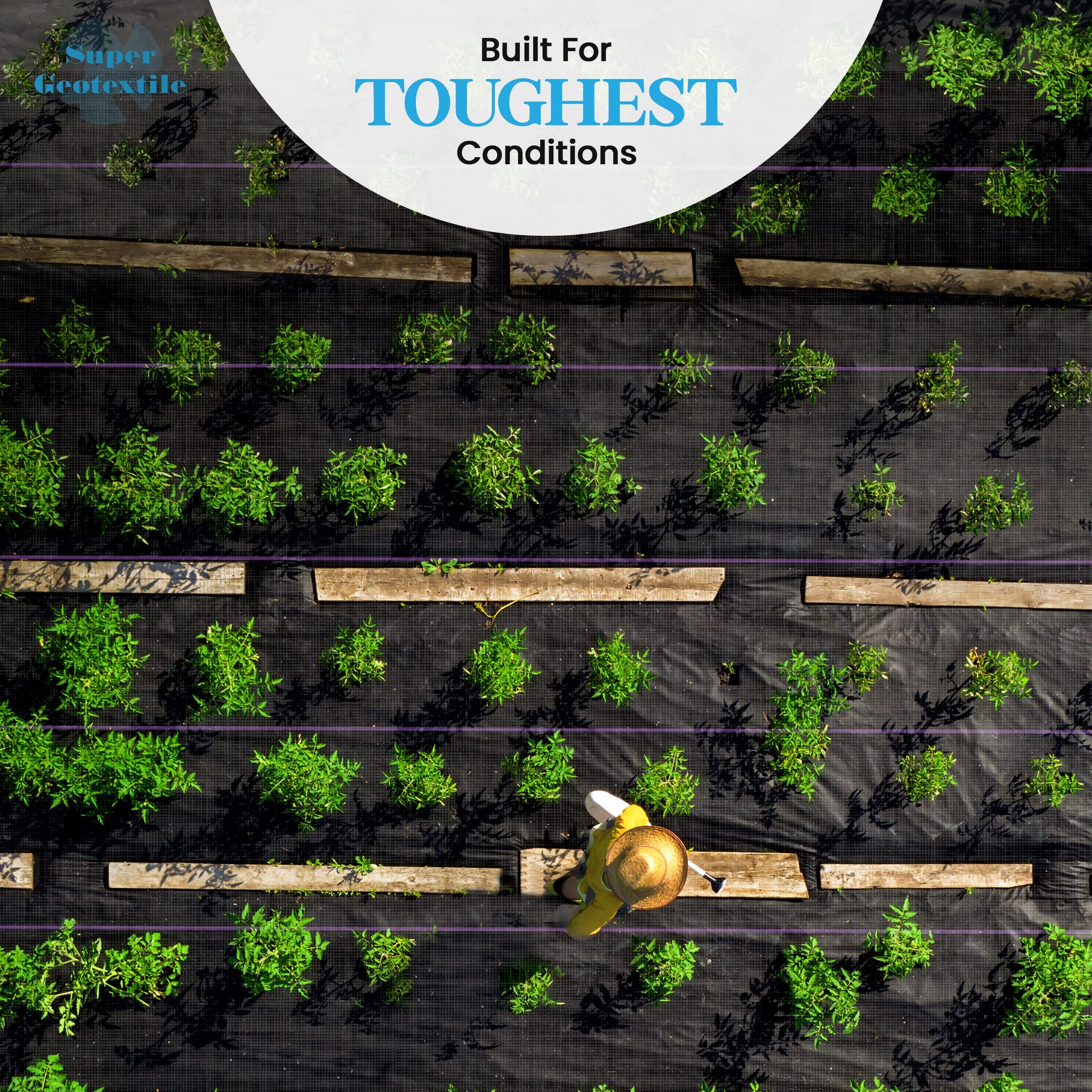 Landscaping and garden bed liner use with Super Geotextile ensures weed suppression and drainage.