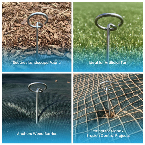 Super Geotextile weed barrier pins keep fabric in place in windy conditions