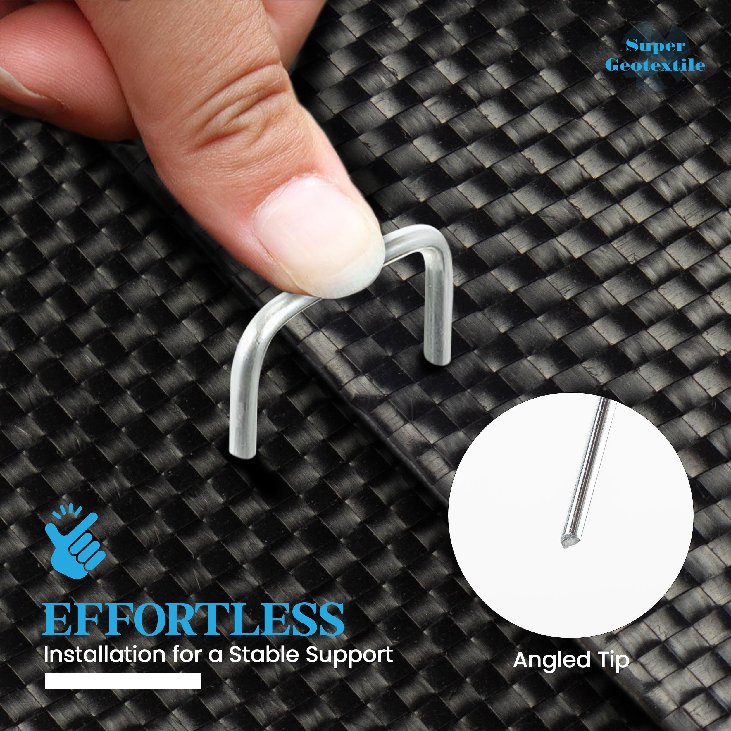 Super Geotextile weed barrier stake resists bending during installation.