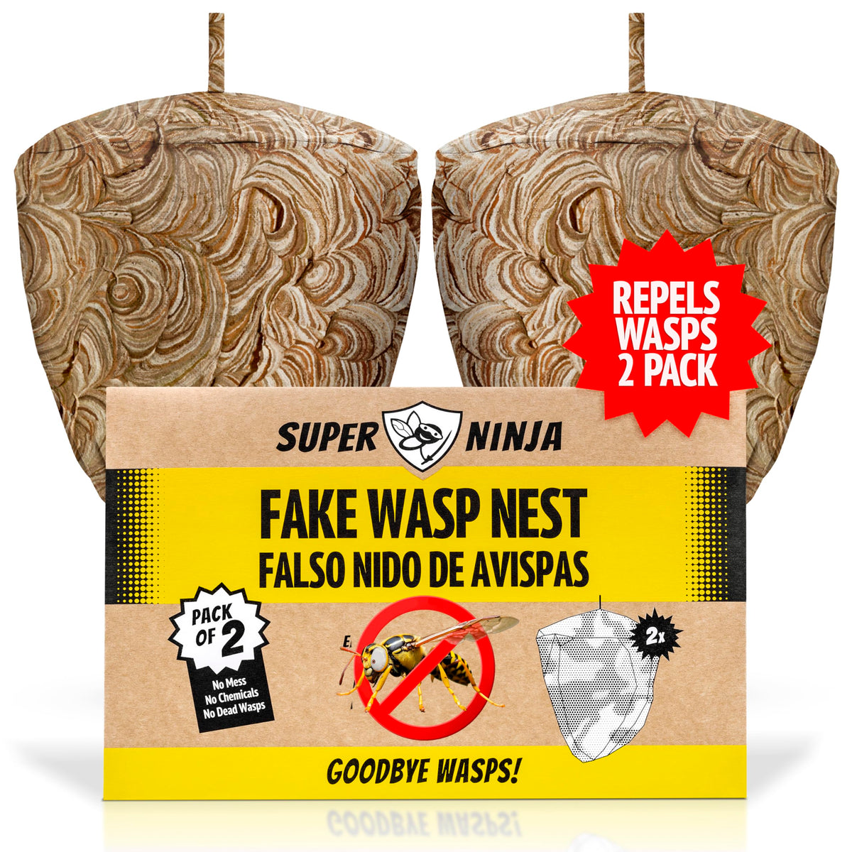 Super Ninja fake wasp nest 2-pack hanging outdoors deters wasps from patios
