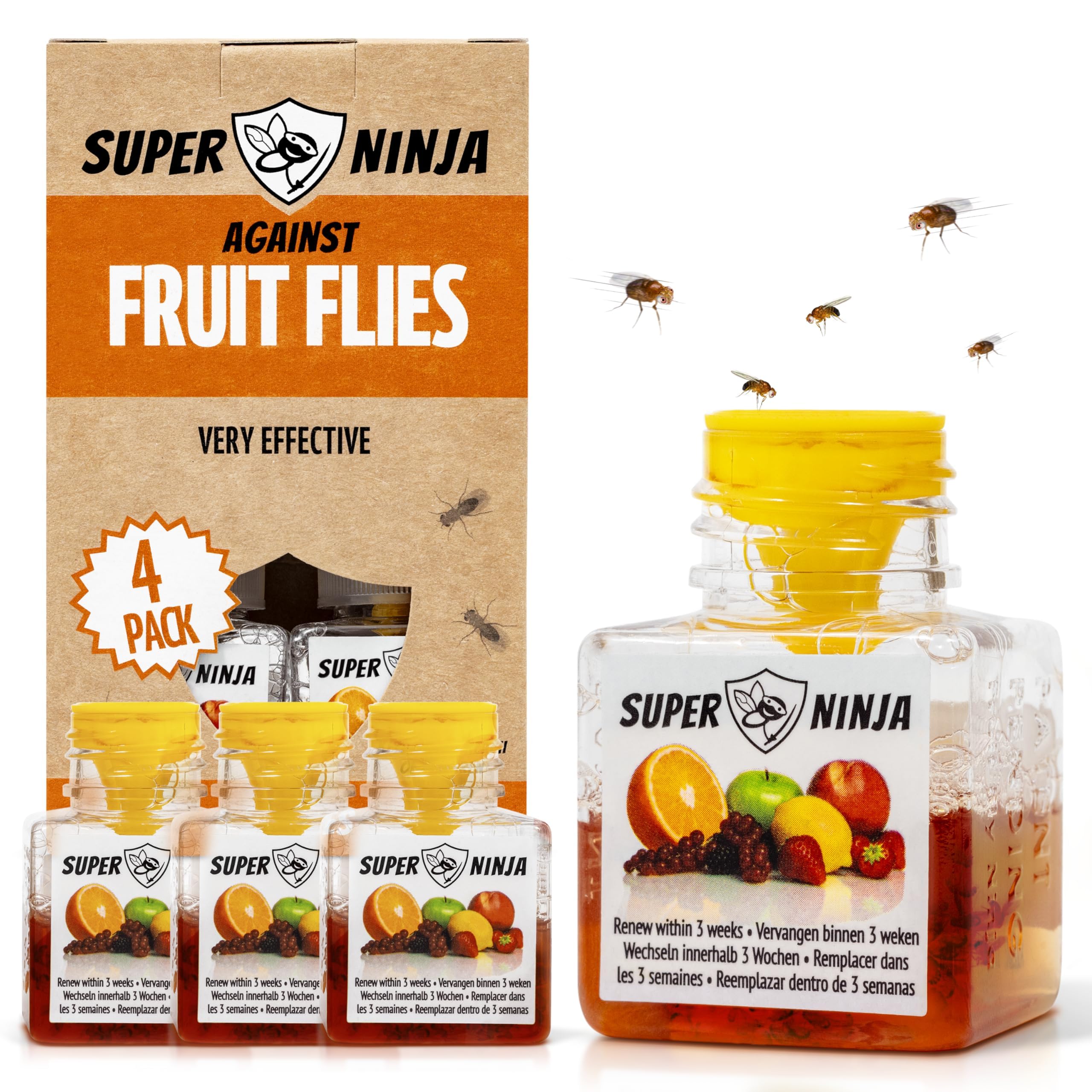 Super Ninja fruit fly trap bottle catching flies quickly on a kitchen counter