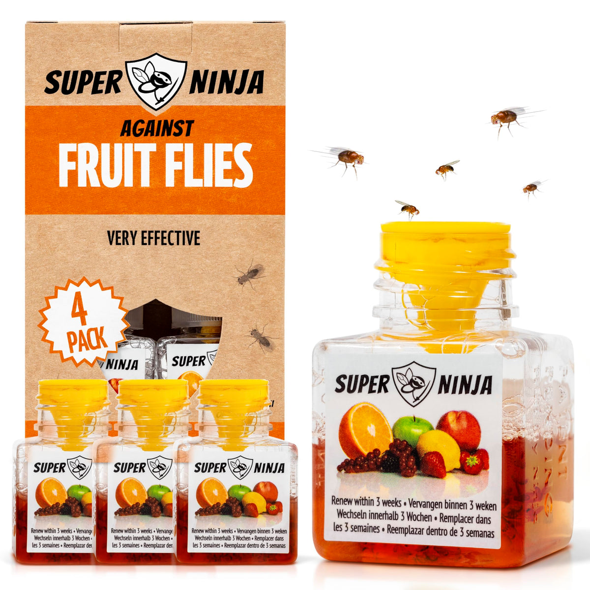 Super Ninja fruit fly trap bottle catching flies quickly on a kitchen counter