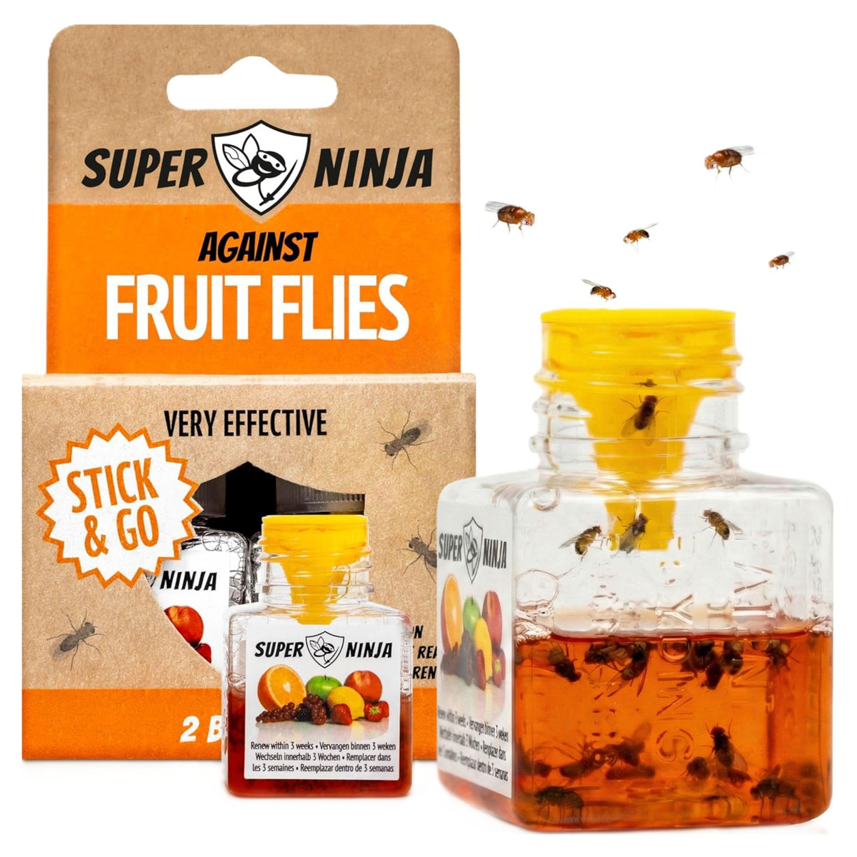 Super Ninja fruit fly trap on an indoor kitchen counter captures flies quickly