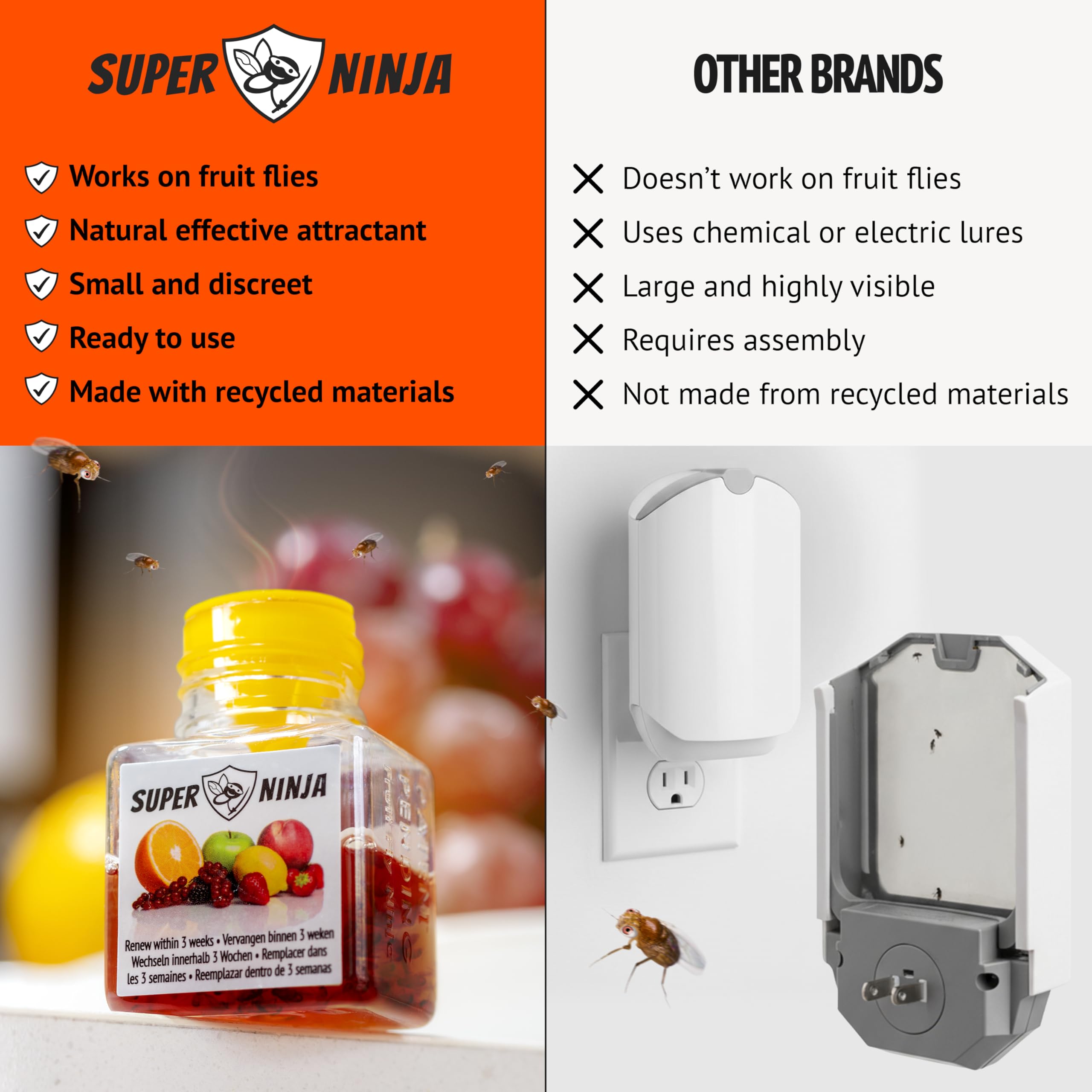 Super Ninja fruit fly trap features natural bait for safe, eco-friendly appeal