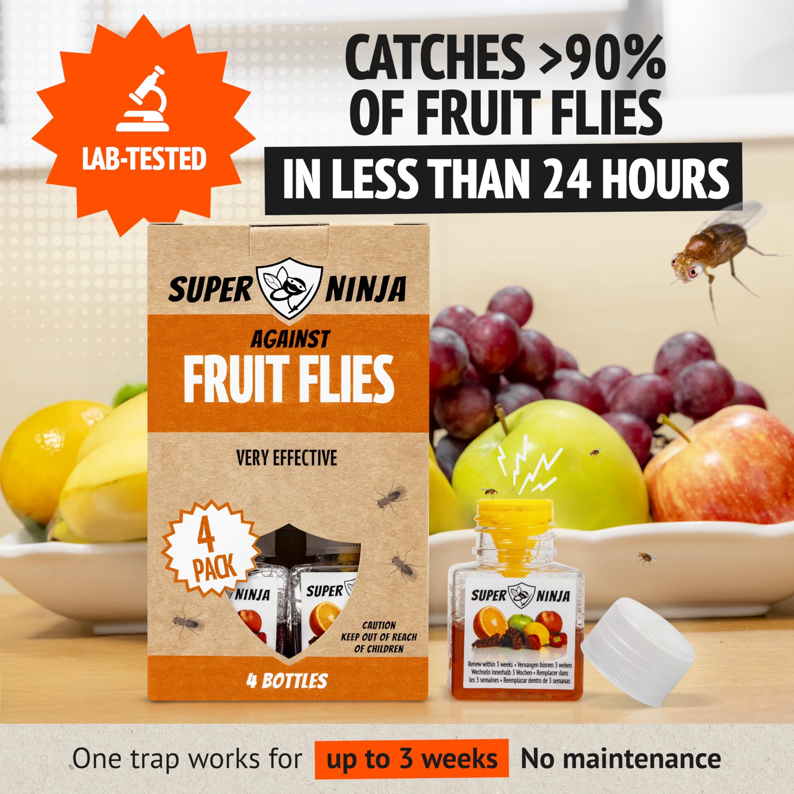 Super Ninja fruit fly trap beside the trash bin helps keep waste areas fly-free