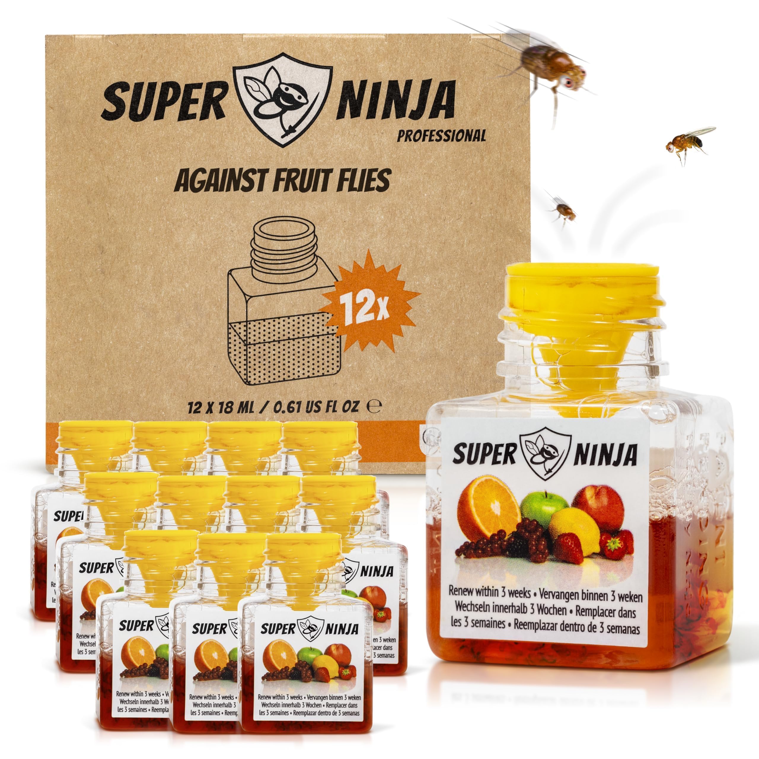 Super Ninja Fruit Fly Traps bottle closeup shows natural bait attracting pests safely.
