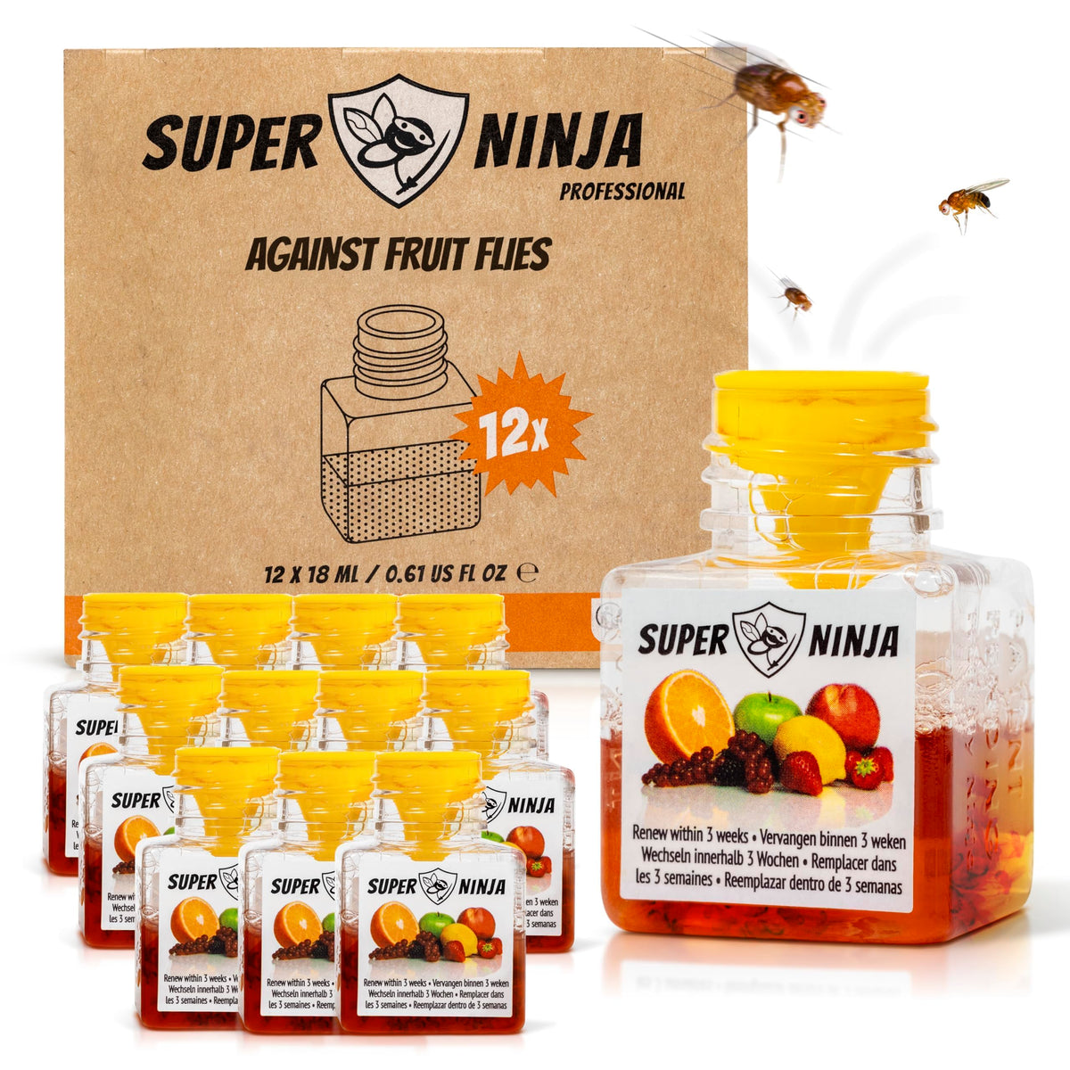 Super Ninja Fruit Fly Traps bottle closeup shows natural bait attracting pests safely.