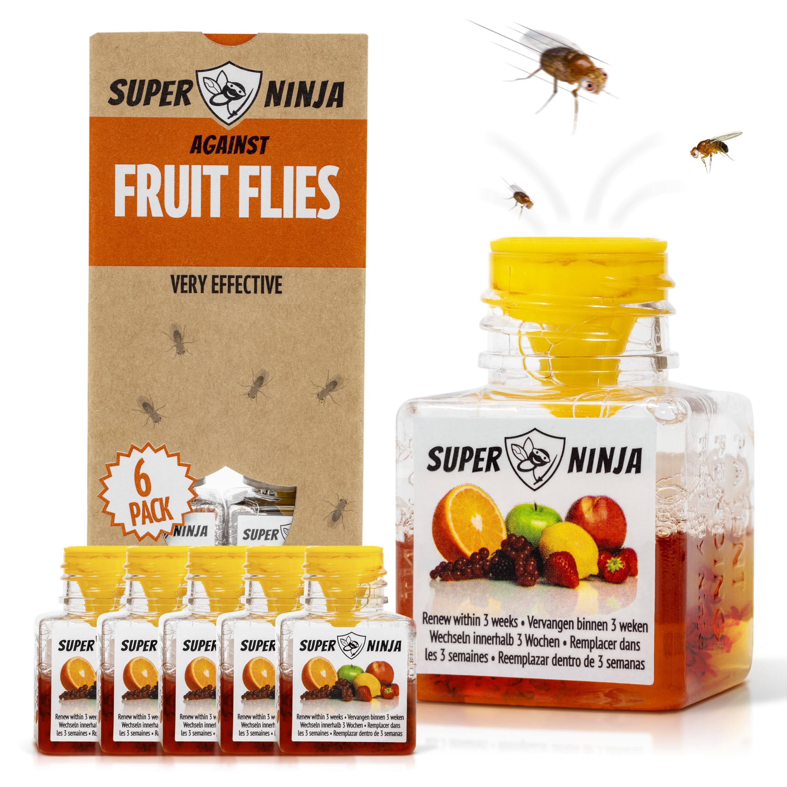 Super Ninja fruit fly traps pack-6 on kitchen counter for fast indoor control.