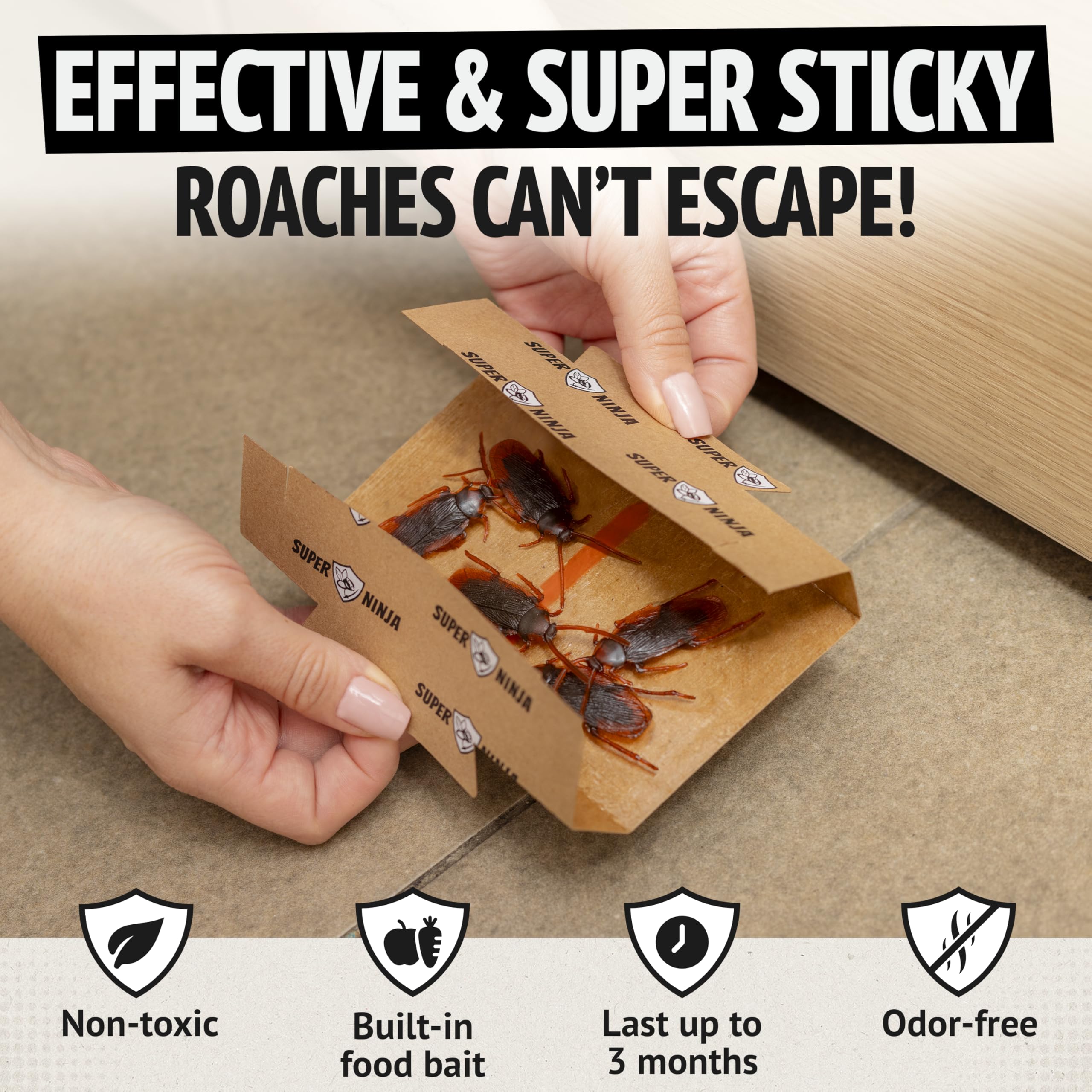 Closeup of Super Ninja Roach Traps sticky trap showing attractant for roaches