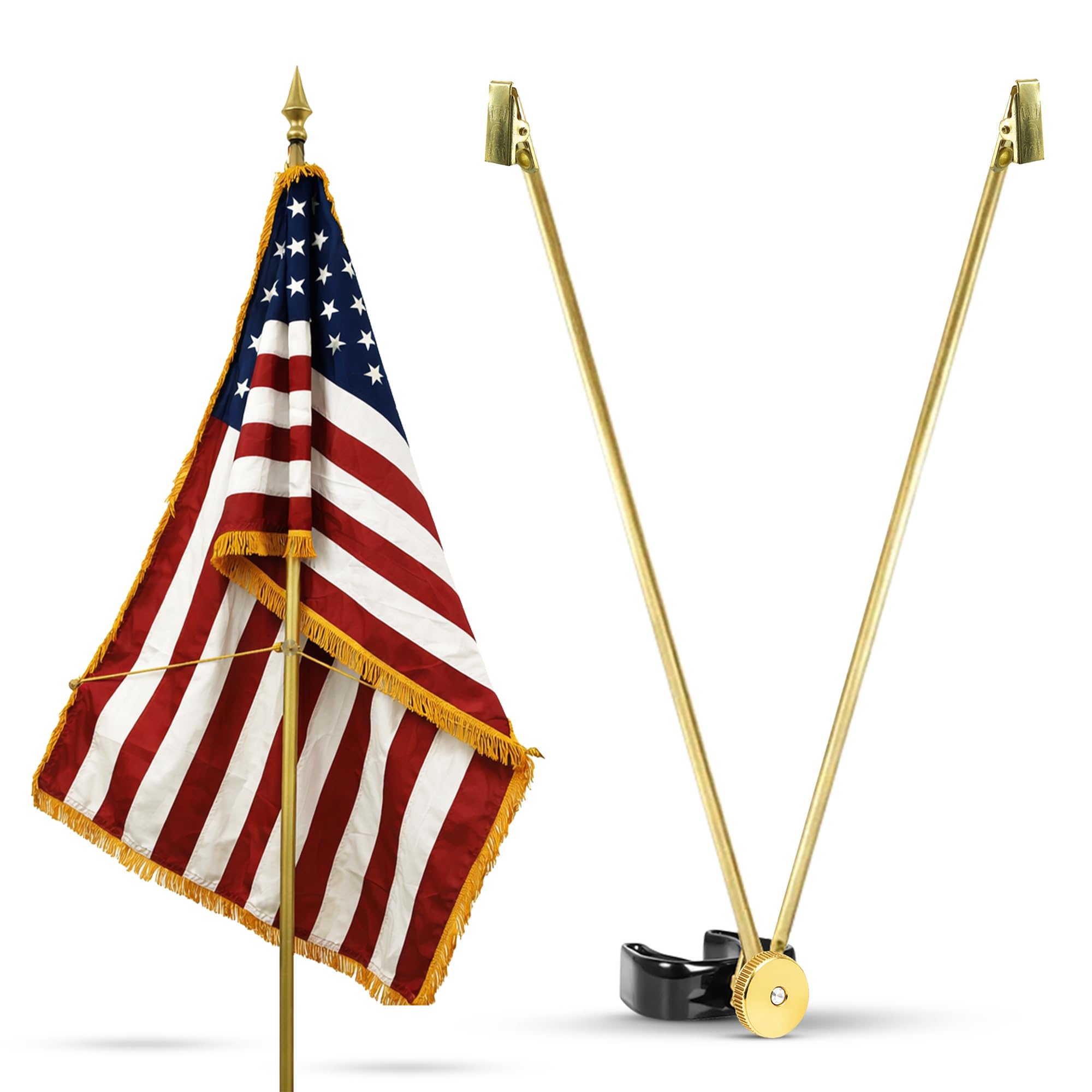 Super Tough Gold Flag Spreader center attachment demonstrates secure pole grip