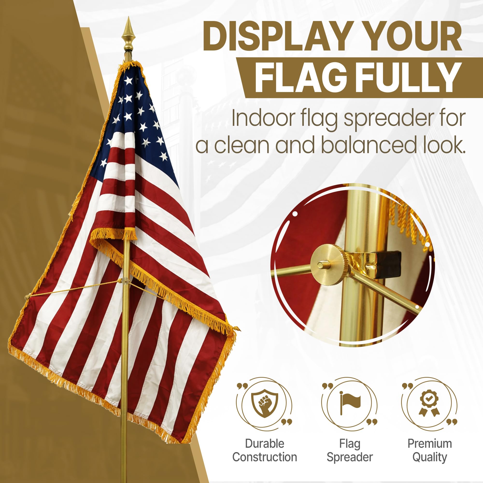 Super Tough Gold Flag Spreader fits 1 1/8 to 1 3/8 inch poles securely