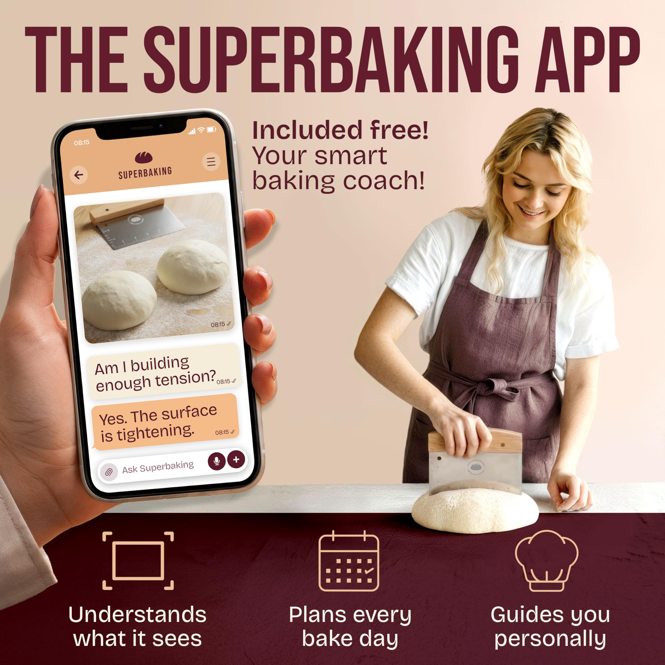 Superbaking dough-cutting-tool-stainless-steel-edge for clean cuts through dough.