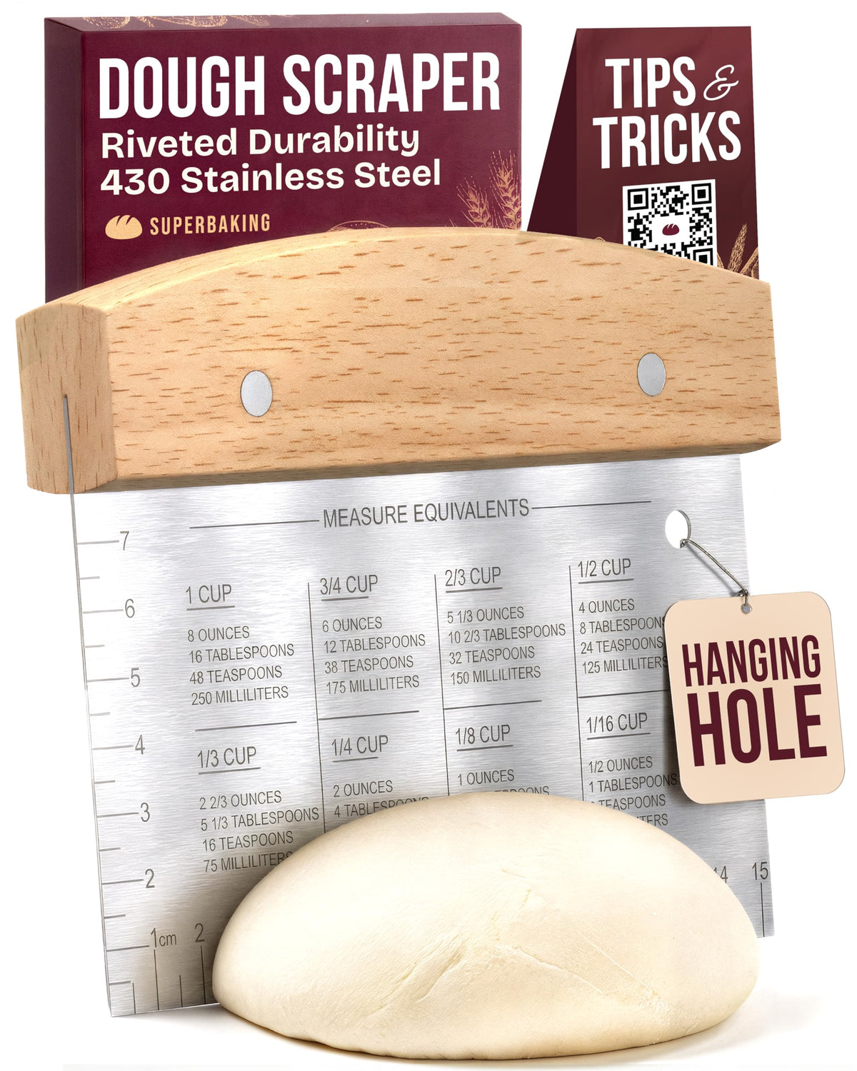 Superbaking dough-scraper with six-inch wooden handle for precise dough division.