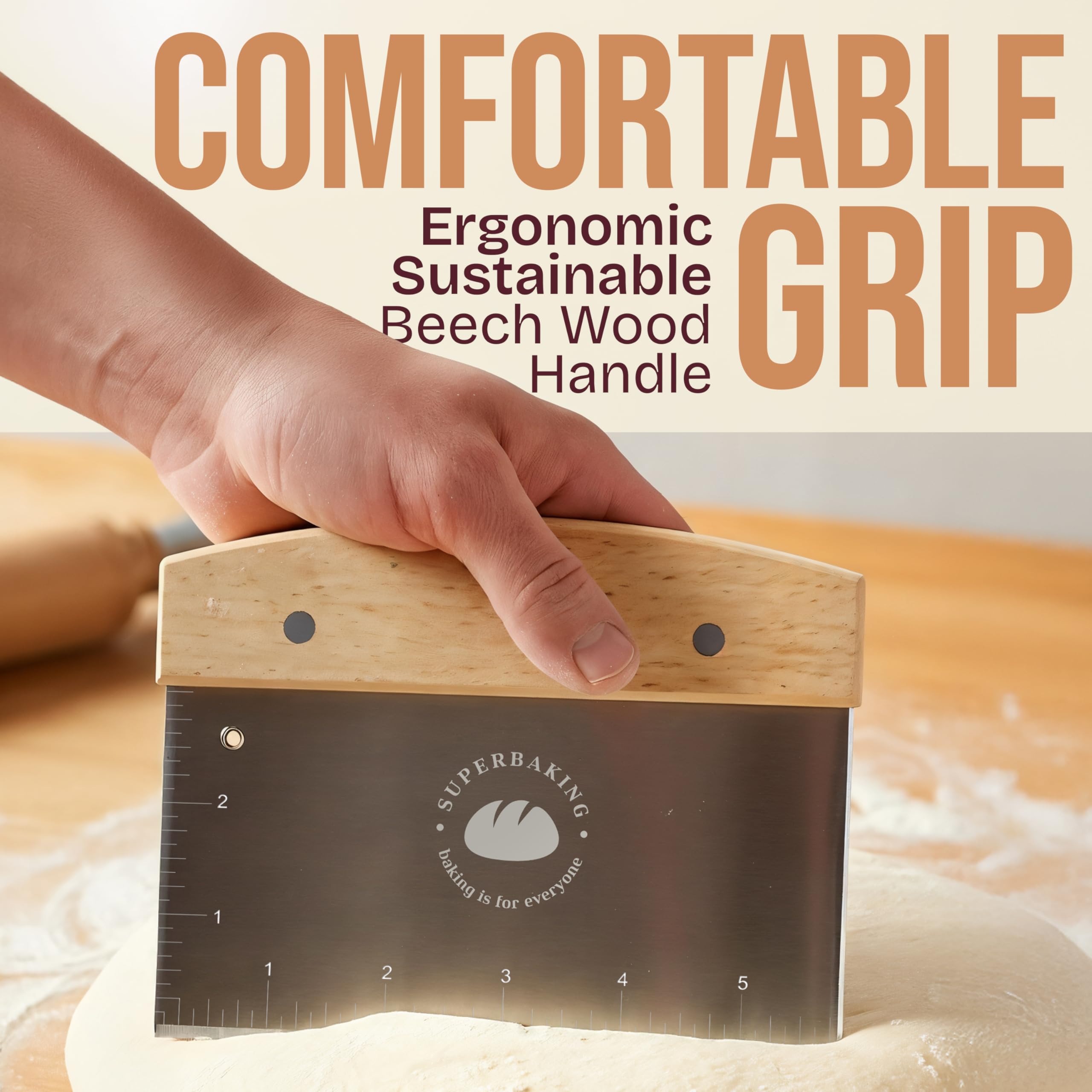 Superbaking ergonomic-bench-scraper-grip for comfortable use with flour on hands.