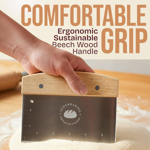 Superbaking ergonomic-bench-scraper-grip for comfortable use with flour on hands.