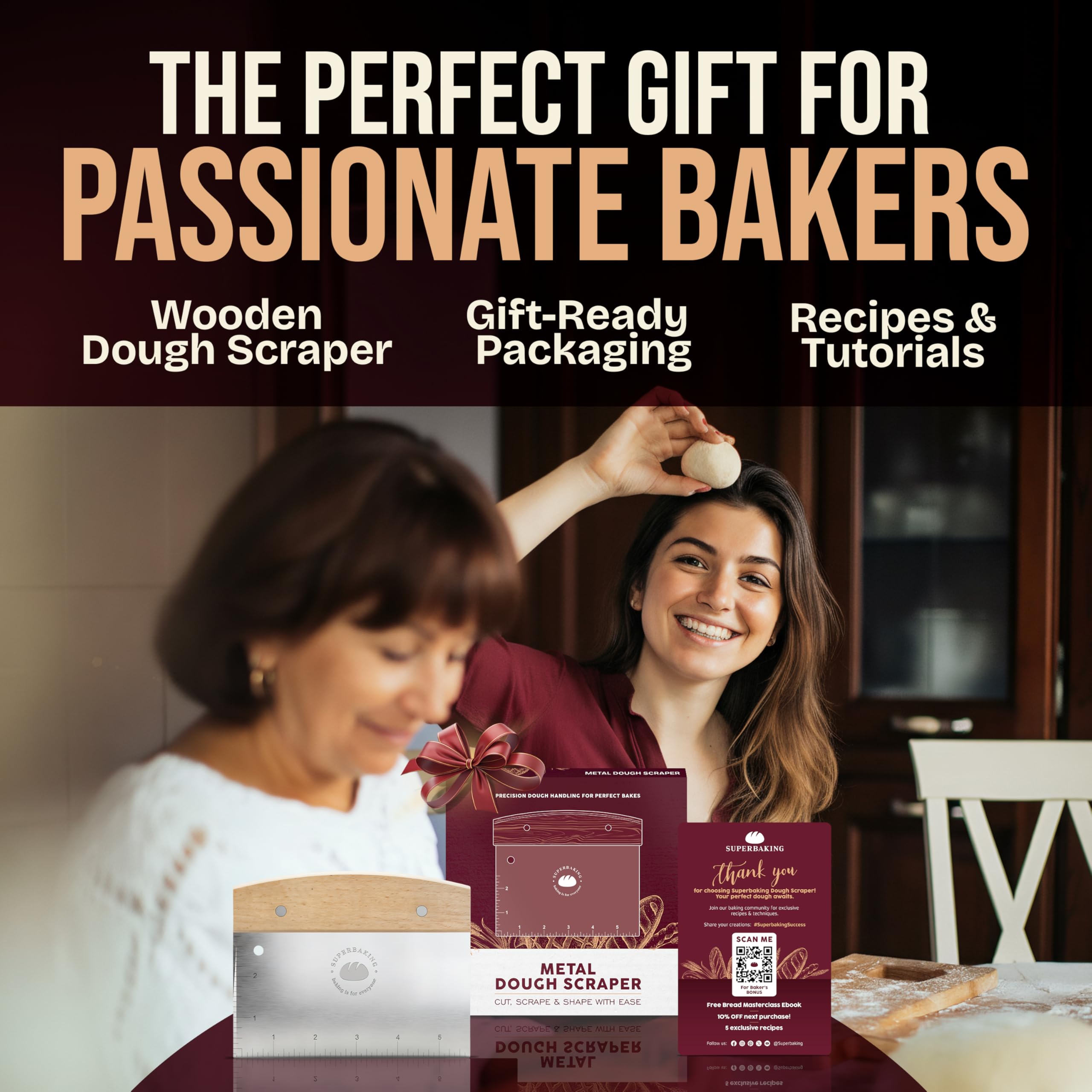 Superbaking kitchen-scraper-and-smoother for icing smoothness and bowl cleanup.