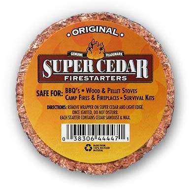 SUPERCEDAR FIRESTARTERS packaging front enables quick fires with ready-to-use starters.