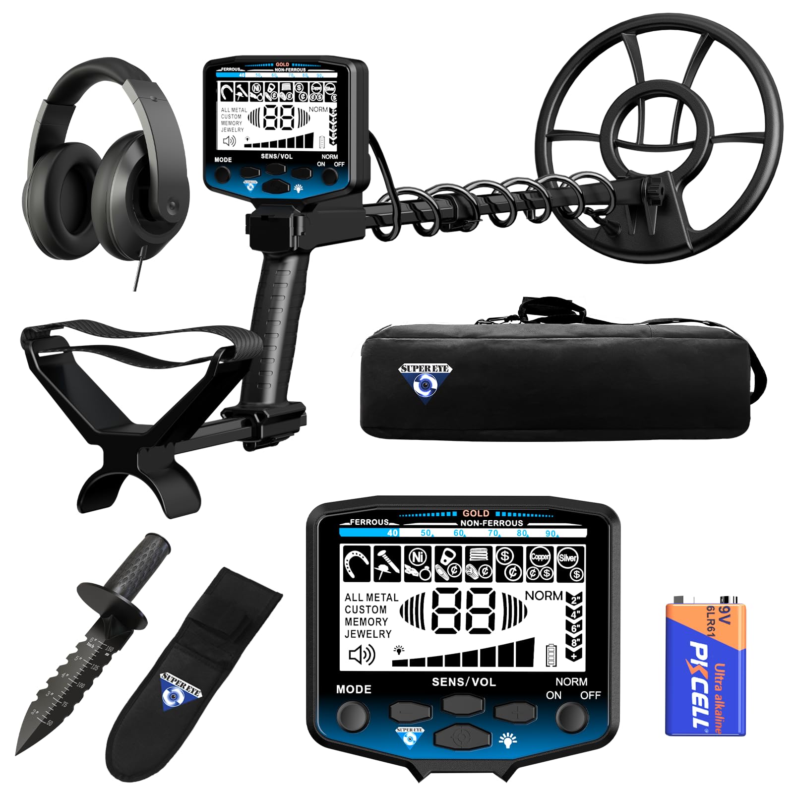 SuperEye Horizon X6 metal detector with 10-inch waterproof coil locating coins at the beach