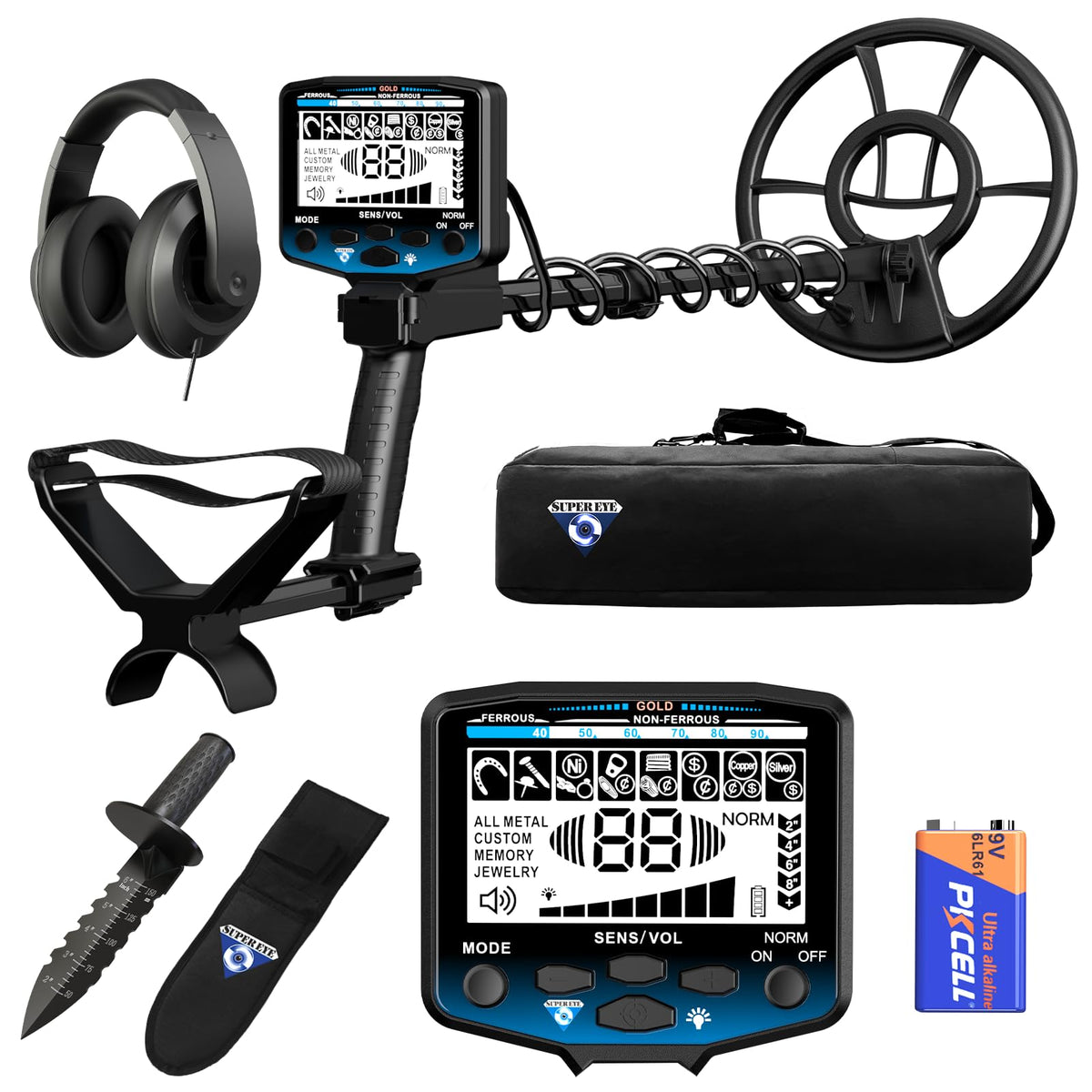 SuperEye Horizon X6 metal detector with 10-inch waterproof coil locating coins at the beach