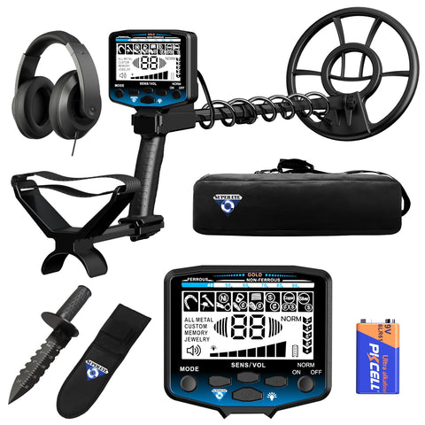 SuperEye Horizon X6 metal detector with 10-inch waterproof coil locating coins at the beach