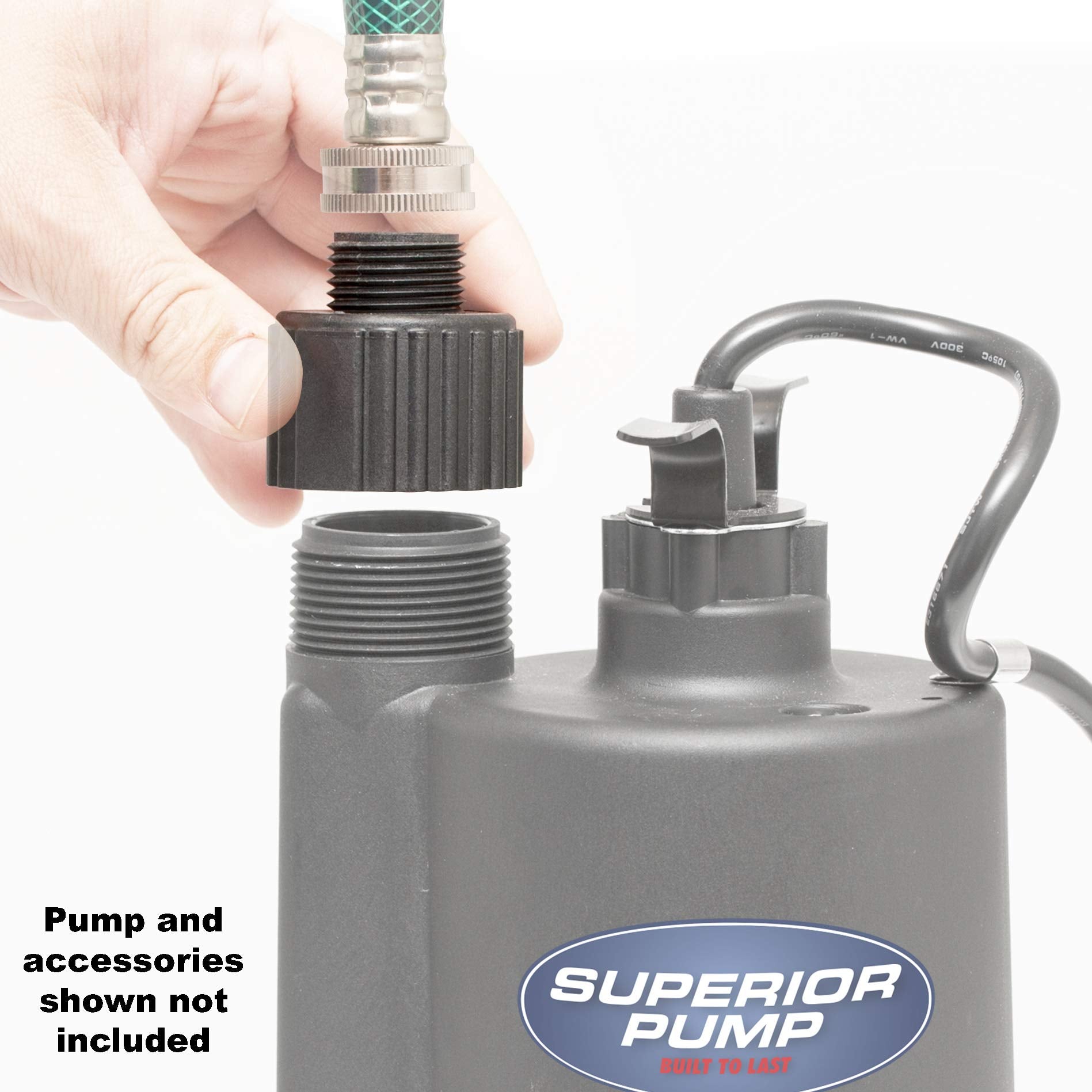 Superior Pump 99006 adapter installation demonstrates easy-to-connect garden hose setup.