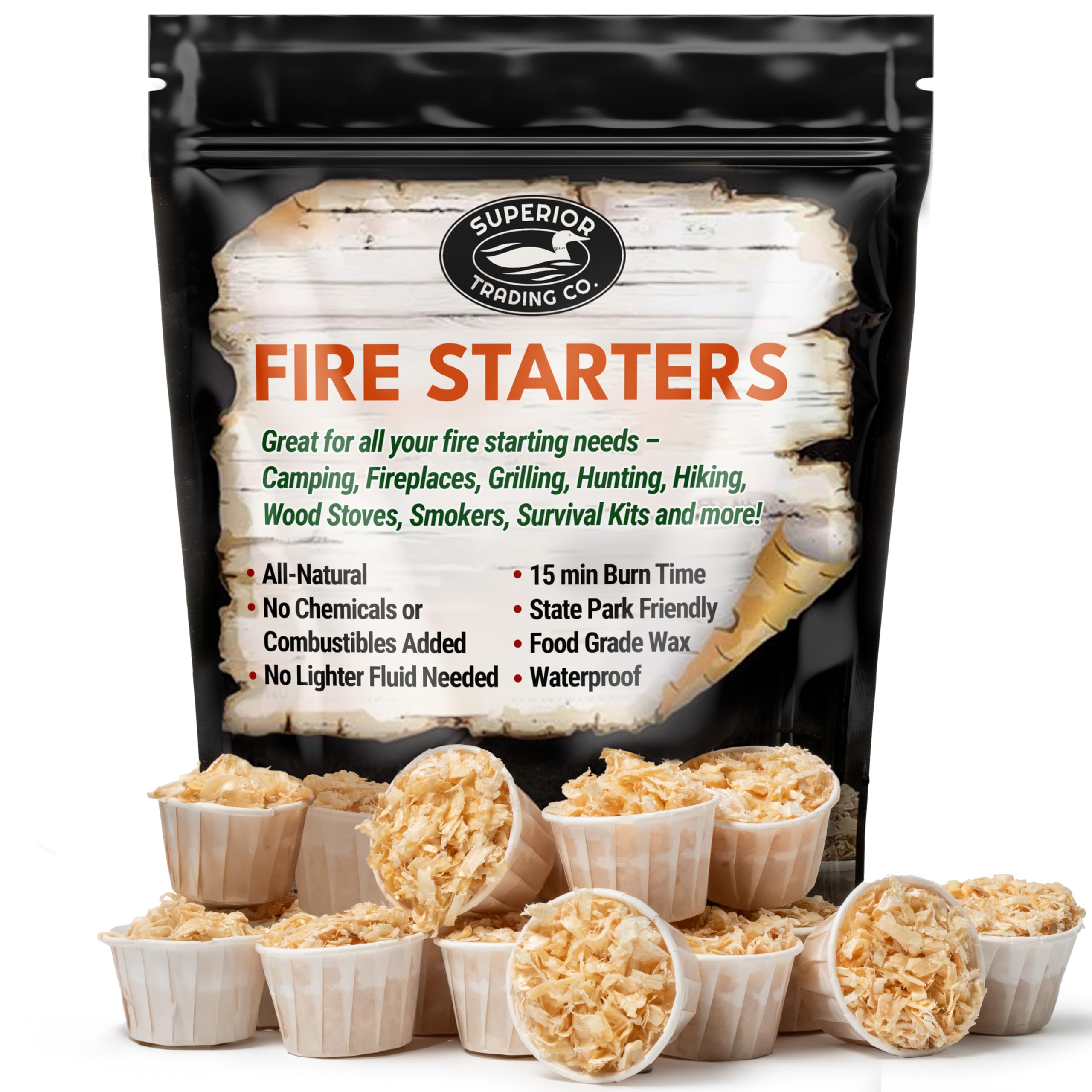 Superior Trading Co. fire starter pods front view for quick outdoor ignition