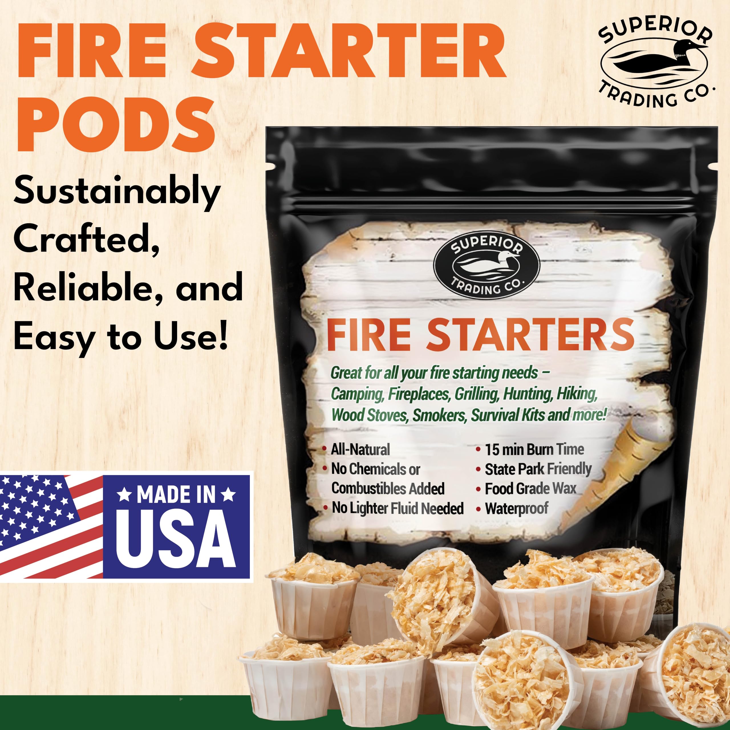 Superior Trading Co. fire starter pods in resealable bag for easy pantry storage