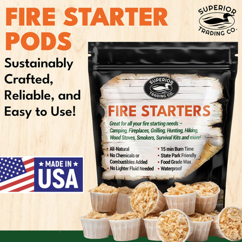 Superior Trading Co. fire starter pods in resealable bag for easy pantry storage