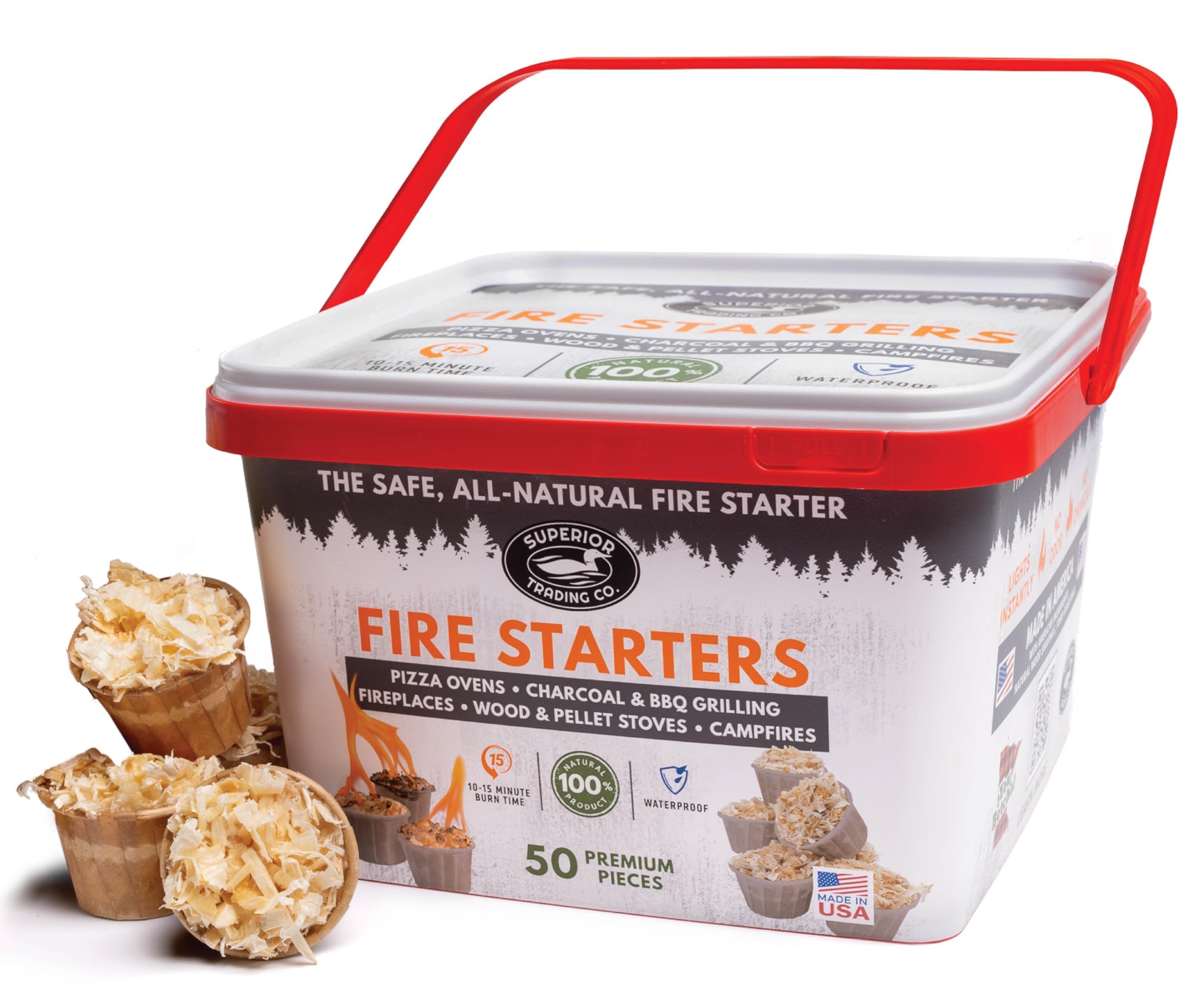Superior Trading Co. fire starter pods in bucket for easy outdoor fires.