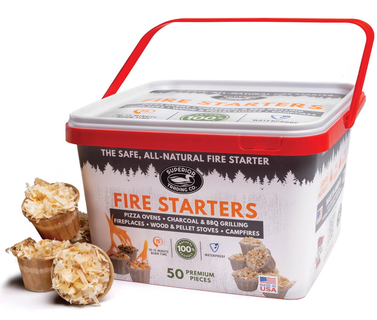 Superior Trading Co. fire starter pods in bucket for easy outdoor fires.