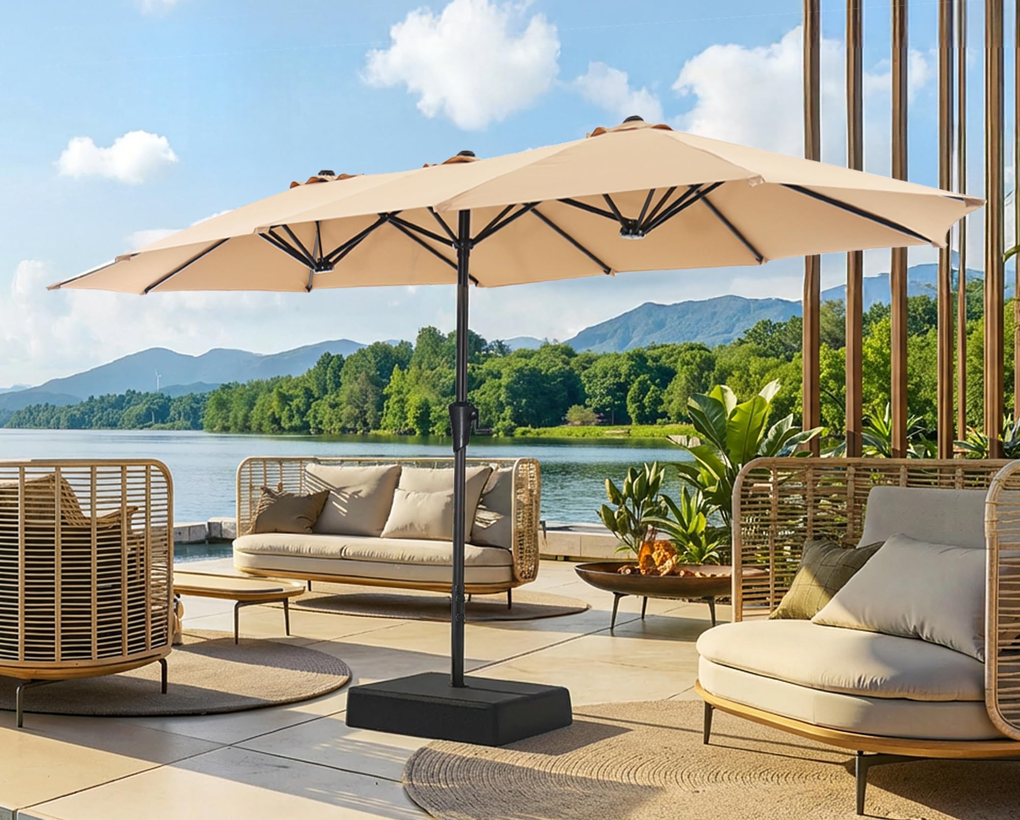 SUPERJARE 13ft outdoor umbrella full view provides wide shade for outdoor dining.