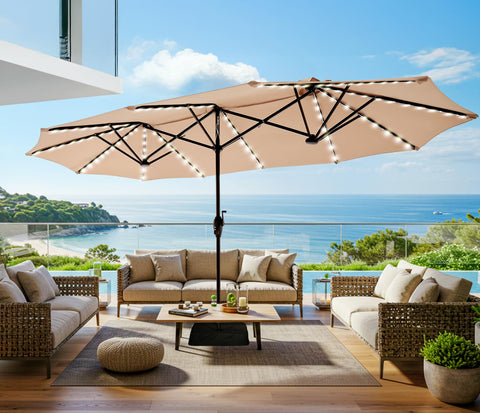 SUPERJARE 13ft patio umbrella with solar lights for evening shade and ambience.