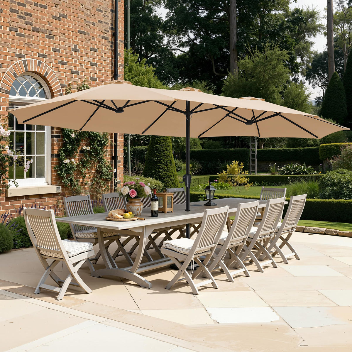 SUPERJARE 15ft outdoor umbrella canopy provides expansive shade for patio seating.