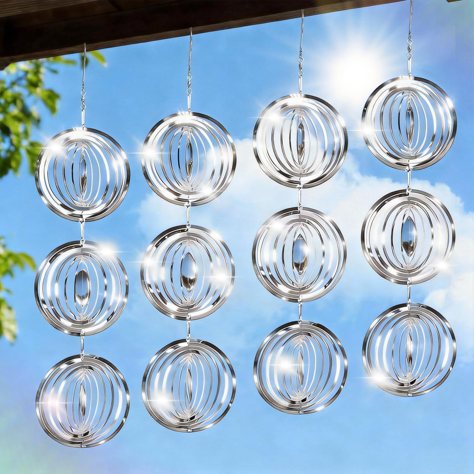 Superlong 12-disc 3D wind spinners reflect sunlight to deter birds on patios.