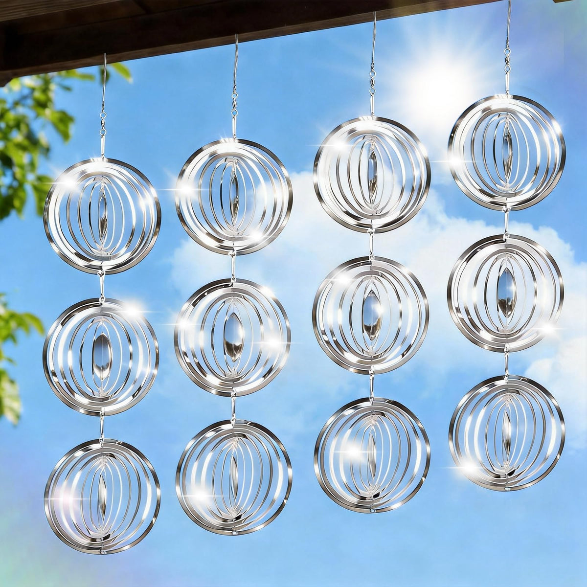 Superlong 12-disc 3D wind spinners reflect sunlight to deter birds on patios.