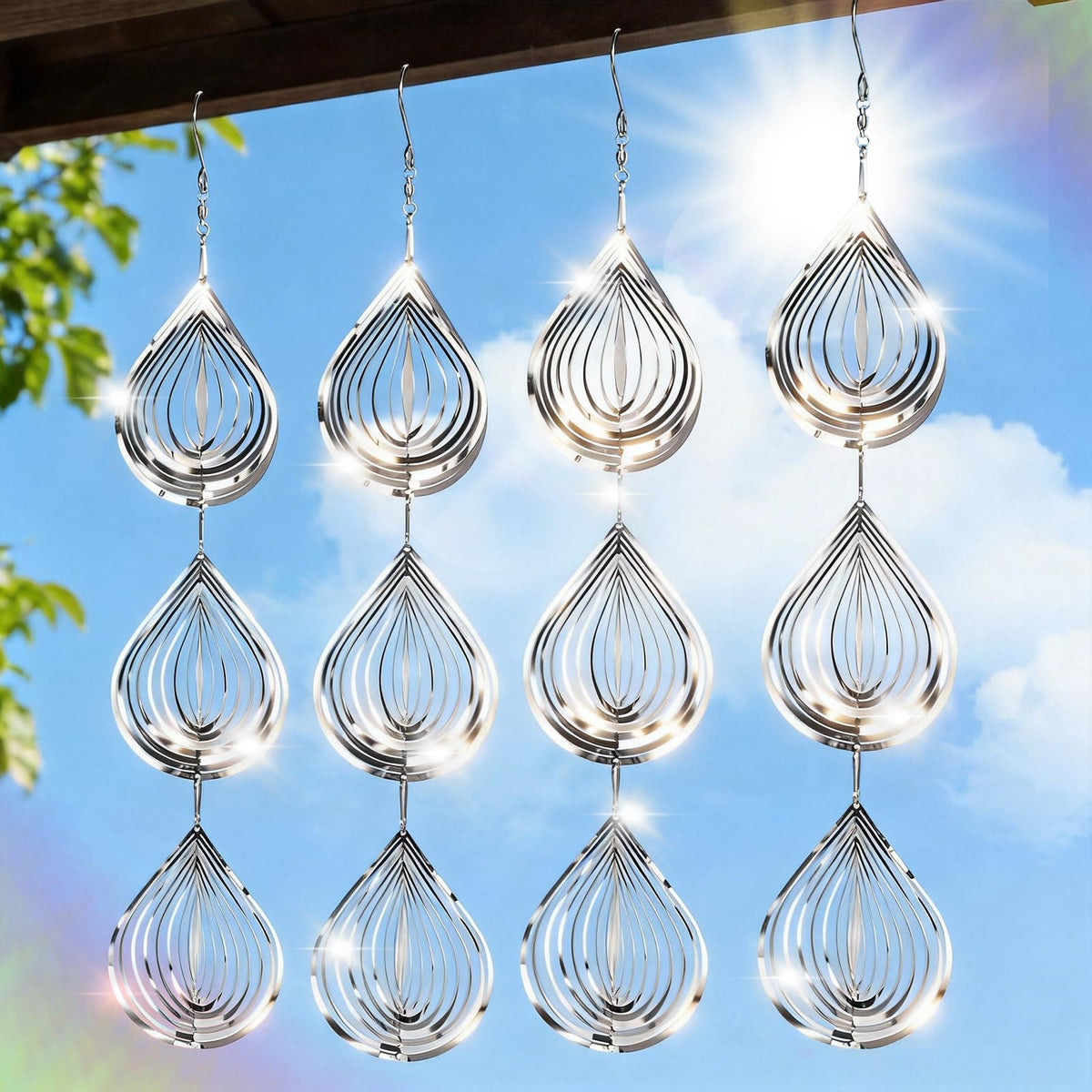Superlong 12-disc 3D wind spinners deter birds around outdoor spaces