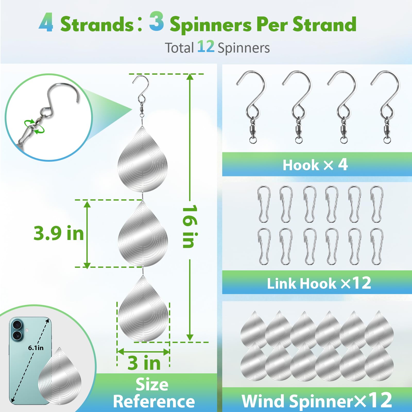 Superlong stainless steel wind spinners brighten patios while deterring birds