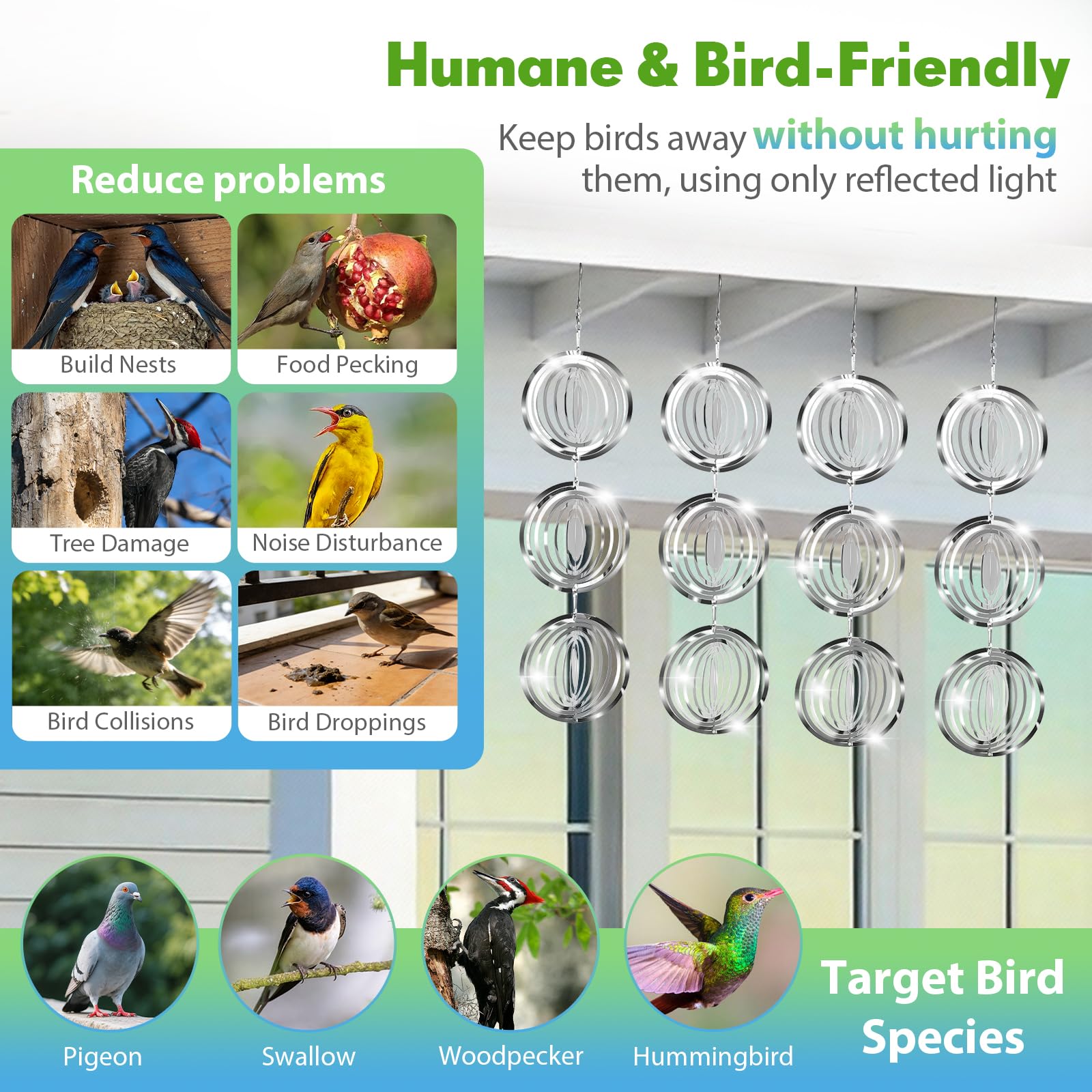 Superlong reflective deterrent discs create motion near windows for bird control.
