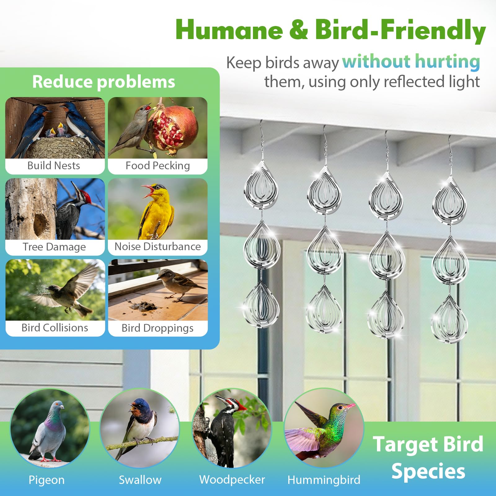 Superlong reflective deterrent ornaments refract sunlight and deter birds