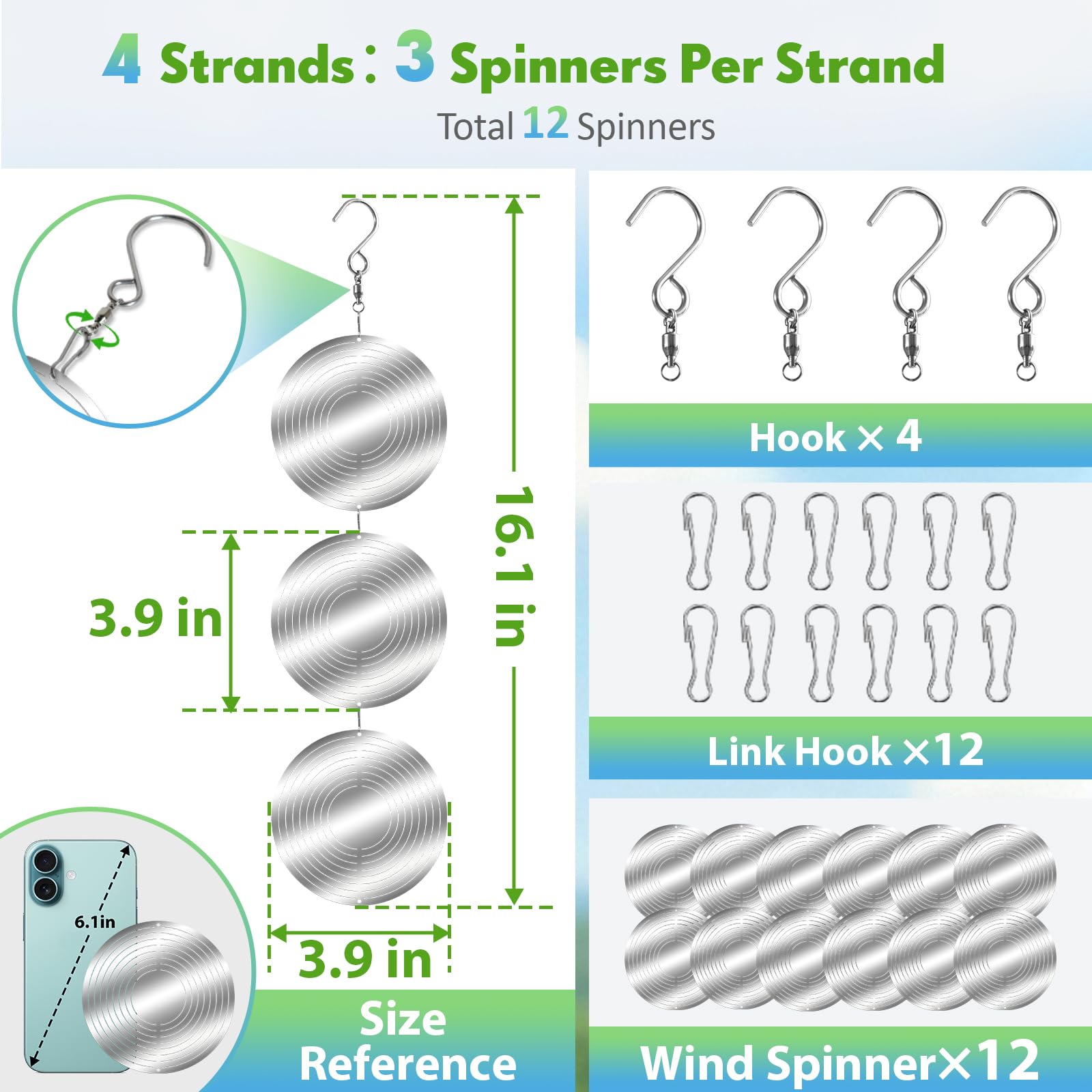 Superlong stainless steel wind spinner decor deters pigeons while adding shine.