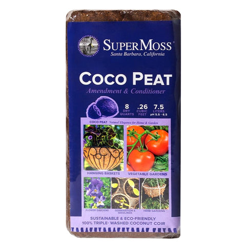 SuperMoss Coco Coir Seed Starting Mix brick highlighting easy hydration for seedlings.