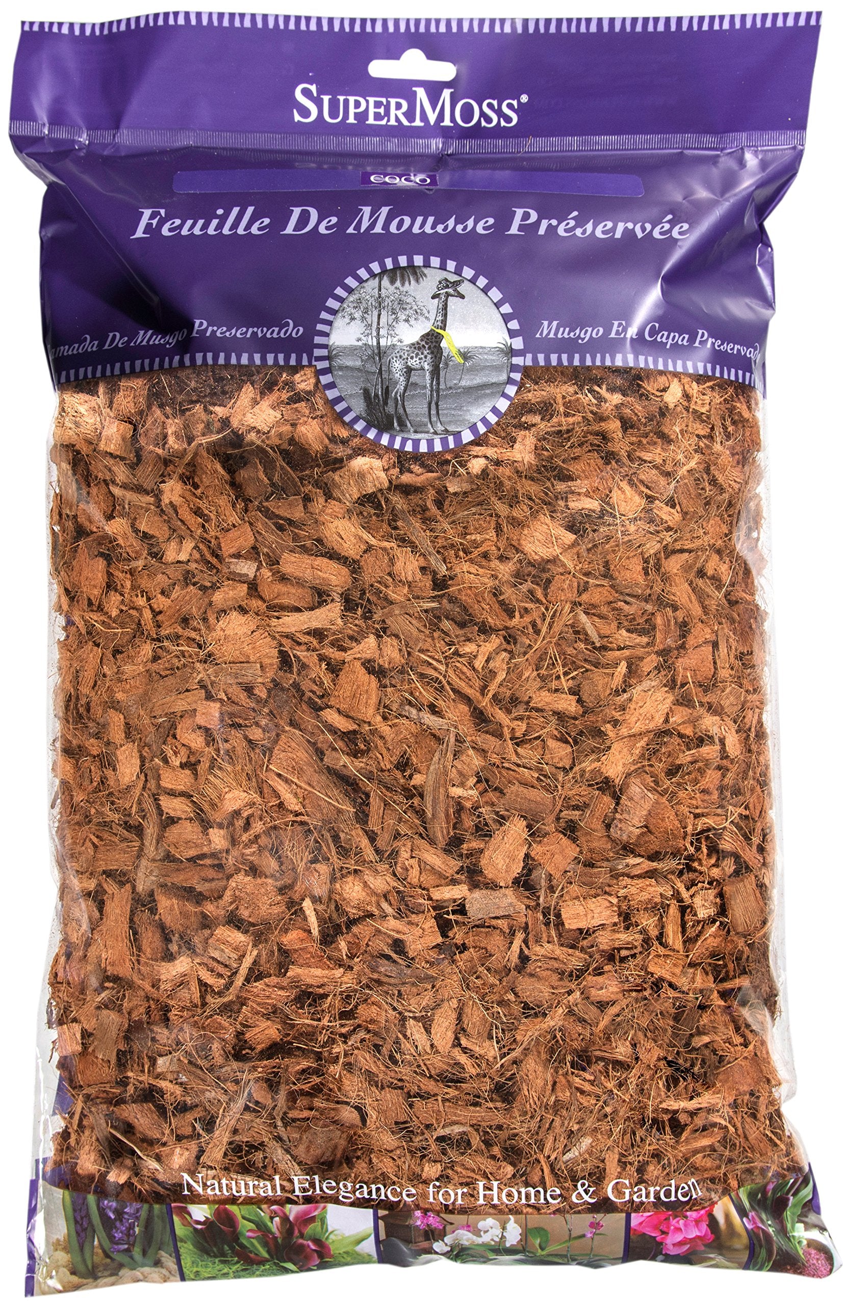 SuperMoss Coco Mulch packaging close-up shows natural brown color and premium texture for even moisture.