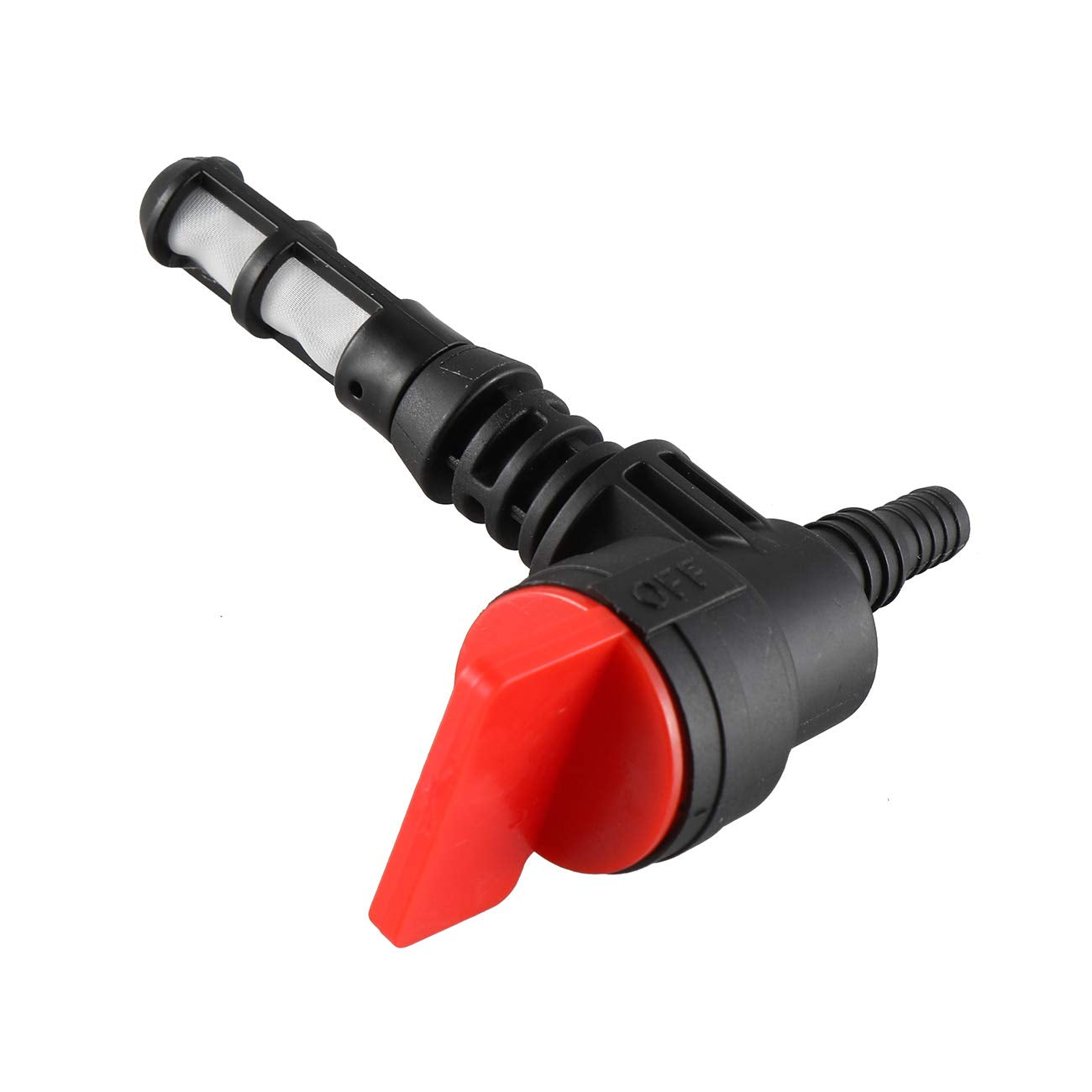 Supermotorparts 90-degree shut-off valve with filter showcased for compact generator installations.