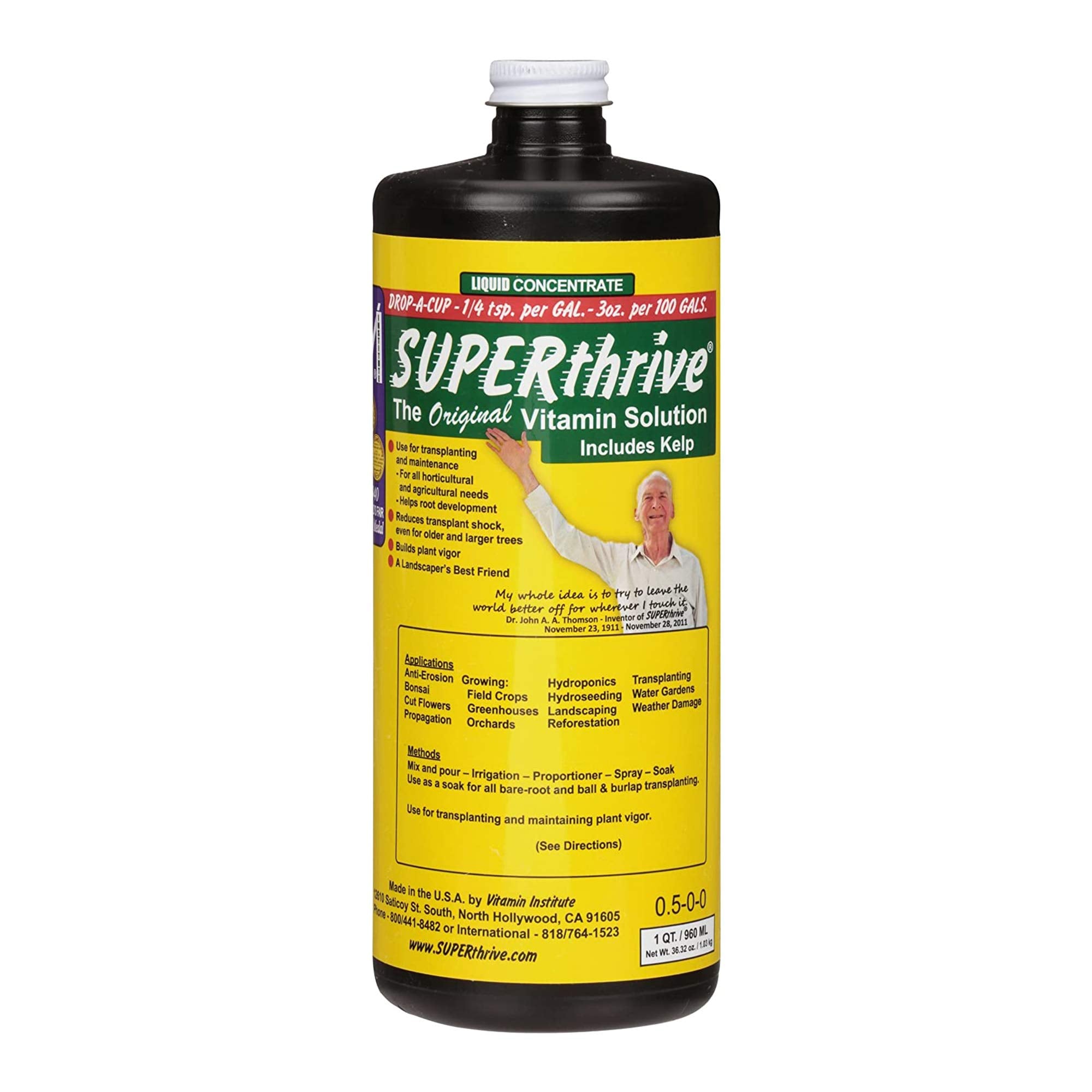 SUPERthrive bottle beside a thriving garden, illustrating vigor boost.